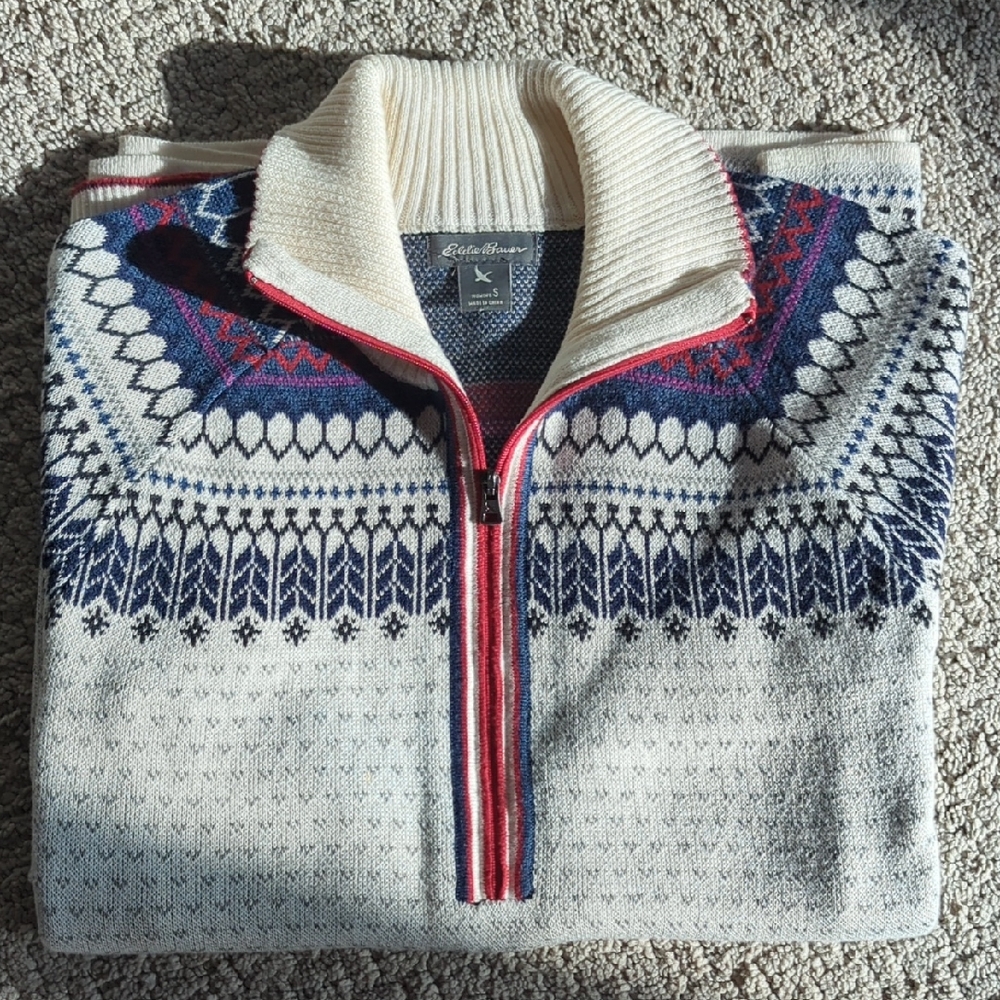 Eddie Bauer Women's Cream and Blue Cowl Neck Sweater